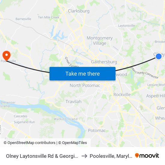 Olney Laytonsville Rd & Georgia Ave to Poolesville, Maryland map