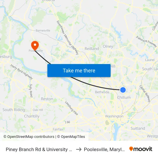 Piney Branch Rd & University Blvd to Poolesville, Maryland map