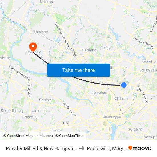 Powder Mill Rd & New Hampshire Ave to Poolesville, Maryland map