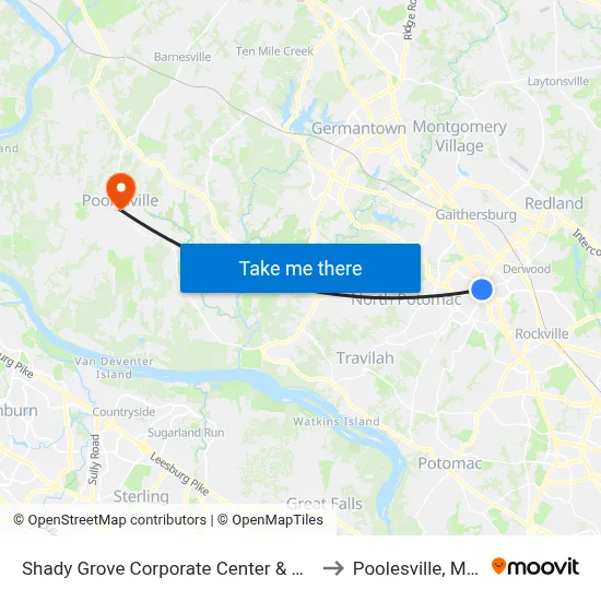 Shady Grove Corporate Center & Corporate Blvd to Poolesville, Maryland map