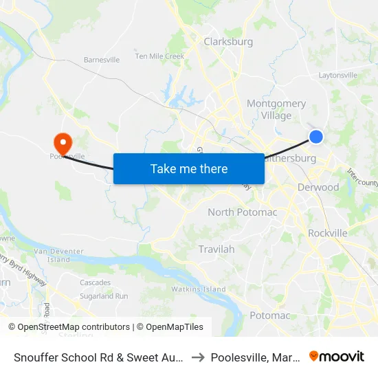 Snouffer School Rd & Sweet Autumn Dr to Poolesville, Maryland map