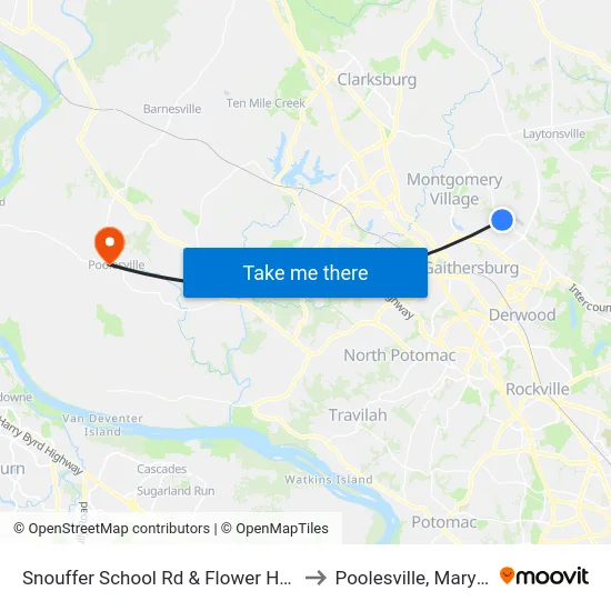 Snouffer School Rd & Flower Hill Way to Poolesville, Maryland map