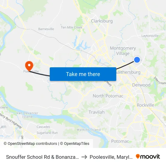 Snouffer School Rd & Bonanza Way to Poolesville, Maryland map