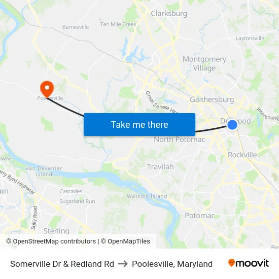 Somerville Dr & Redland Rd to Poolesville, Maryland map