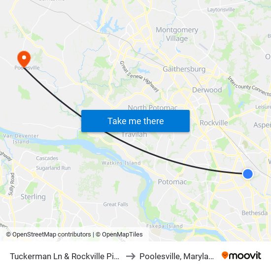 Tuckerman Ln & Rockville Pike to Poolesville, Maryland map