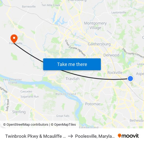 Twinbrook Pkwy & Mcauliffe Dr to Poolesville, Maryland map