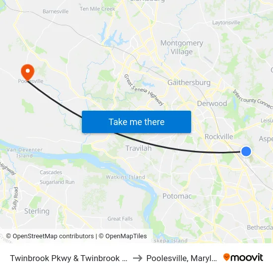 Twinbrook Pkwy & Twinbrook Park to Poolesville, Maryland map
