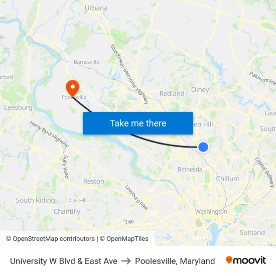 University W Blvd & East Ave to Poolesville, Maryland map