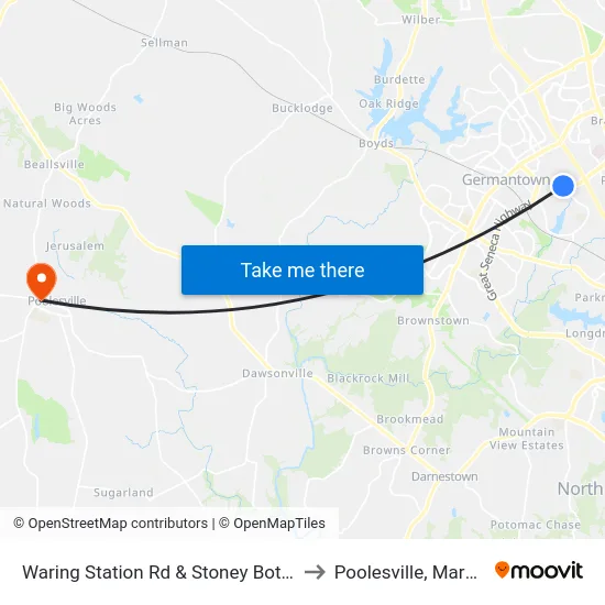 Waring Station Rd & Stoney Bottom Dr to Poolesville, Maryland map