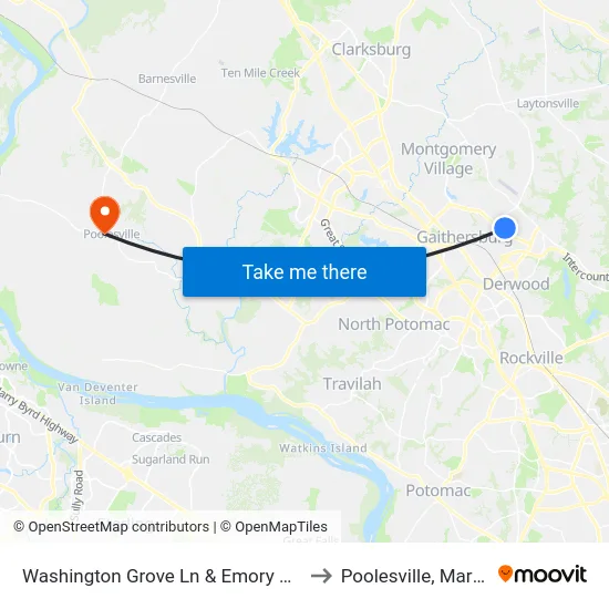 Washington Grove Ln & Emory Grove Rd to Poolesville, Maryland map