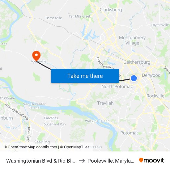 Washingtonian Blvd & Rio Blvd to Poolesville, Maryland map