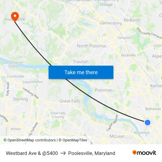 Westbard Ave & @5400 to Poolesville, Maryland map