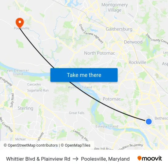 Whittier Blvd & Plainview Rd to Poolesville, Maryland map