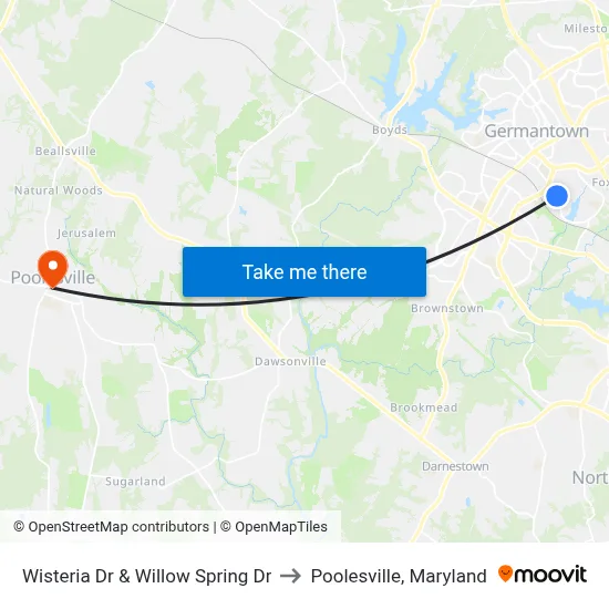 Wisteria Dr & Willow Spring Dr to Poolesville, Maryland map