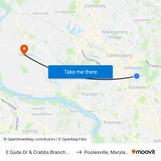 E Gude Dr & Crabbs Branch Way to Poolesville, Maryland map