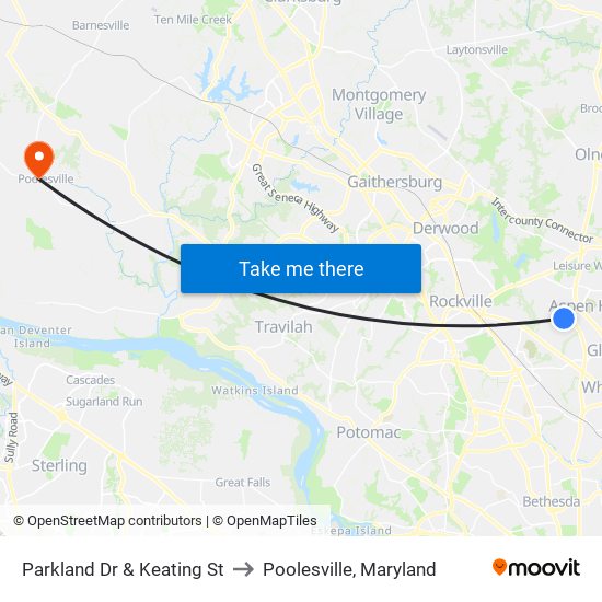 Parkland Dr & Keating St to Poolesville, Maryland map