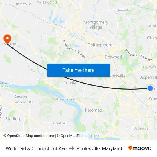 Weller Rd & Connecticut Ave to Poolesville, Maryland map