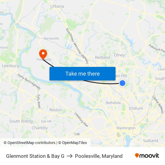 Glenmont Station & Bay G to Poolesville, Maryland map