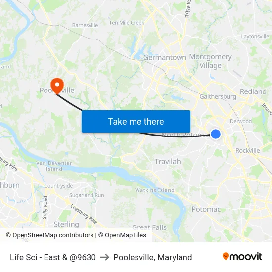 Life Sci - East & @9630 to Poolesville, Maryland map