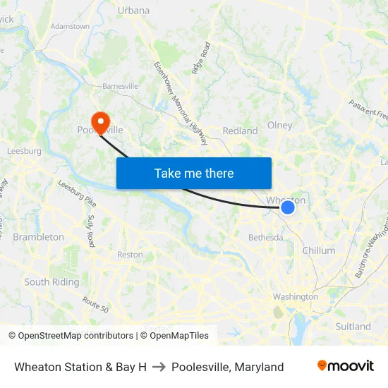 Wheaton Station & Bay H to Poolesville, Maryland map