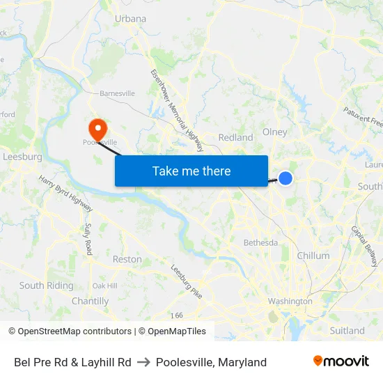Bel Pre Rd & Layhill Rd to Poolesville, Maryland map