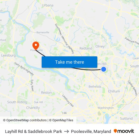 Layhill Rd & Saddlebrook Park to Poolesville, Maryland map