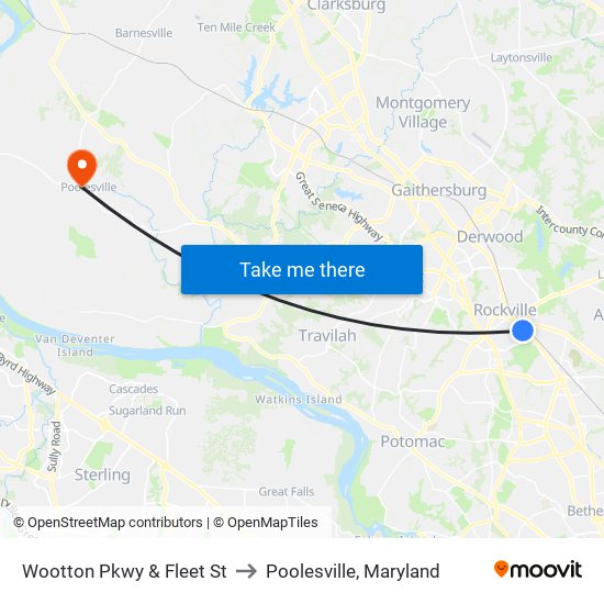 Wootton Pkwy & Fleet St to Poolesville, Maryland map