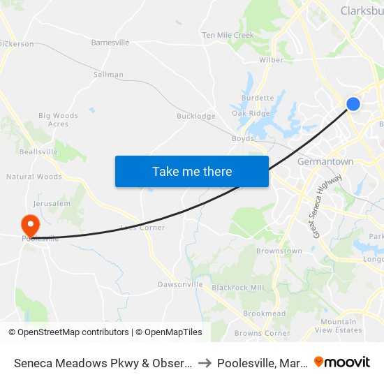 Seneca Meadows Pkwy & Observation Dr to Poolesville, Maryland map