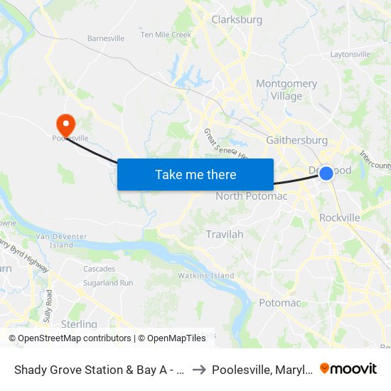 Shady Grove Station & Bay A - West to Poolesville, Maryland map