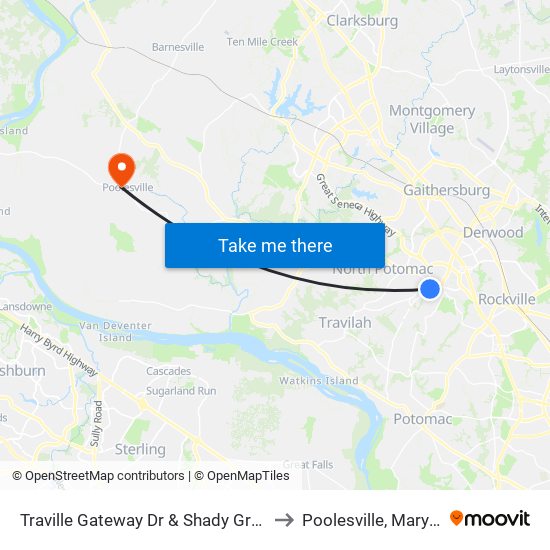 Traville Gateway Dr & Shady Grove Rd to Poolesville, Maryland map