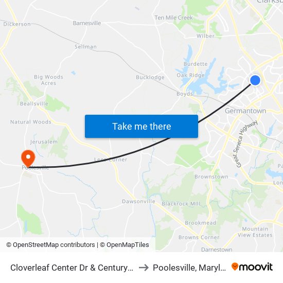 Cloverleaf Center Dr & Century Blvd to Poolesville, Maryland map