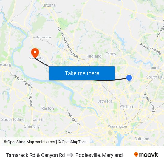 Tamarack Rd & Canyon Rd to Poolesville, Maryland map