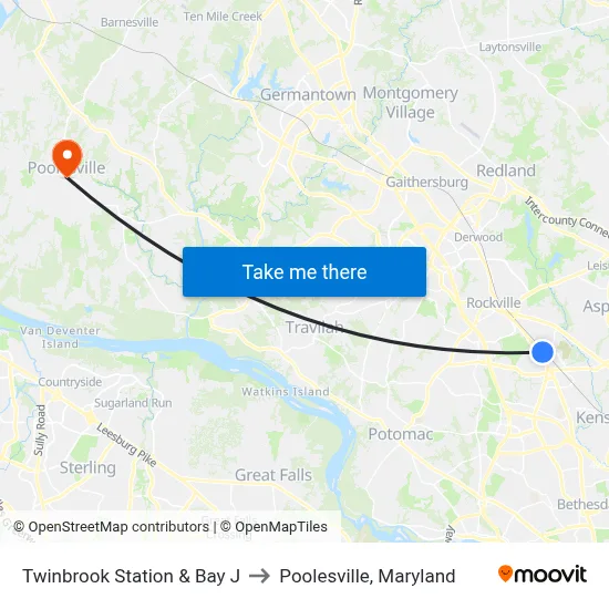 Twinbrook Station & Bay J to Poolesville, Maryland map