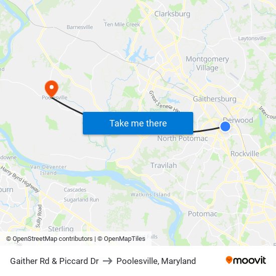 Gaither Rd & Piccard Dr to Poolesville, Maryland map