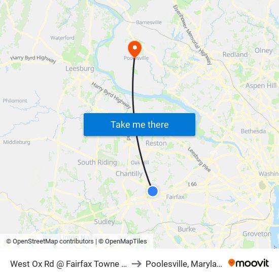 West Ox Rd @ Fairfax Towne Ce to Poolesville, Maryland map