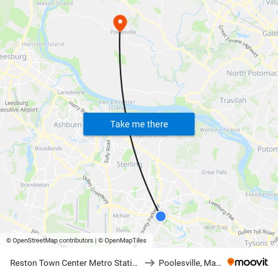 Reston Town Center Metro Station S Bay B to Poolesville, Maryland map