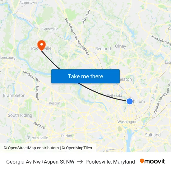 Georgia Av Nw+Aspen St NW to Poolesville, Maryland map