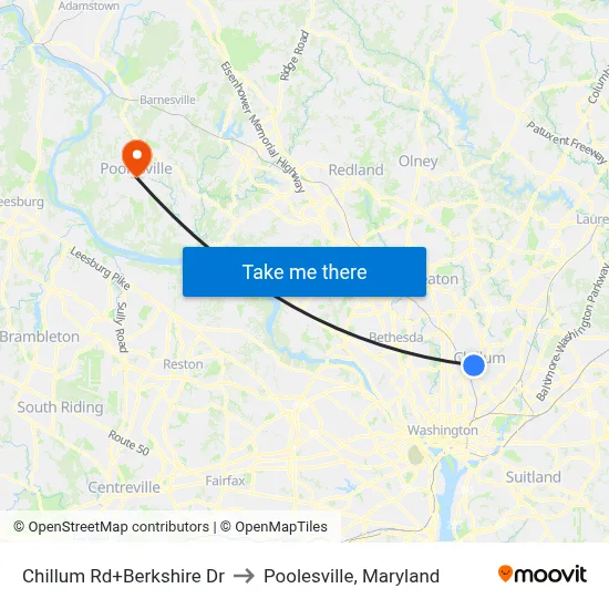 Chillum Rd+Berkshire Dr to Poolesville, Maryland map