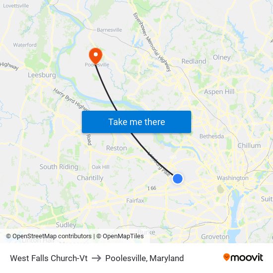 West Falls Church-Vt to Poolesville, Maryland map