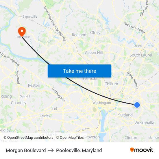 Morgan Boulevard to Poolesville, Maryland map