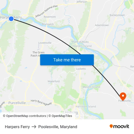 Harpers Ferry to Poolesville, Maryland map