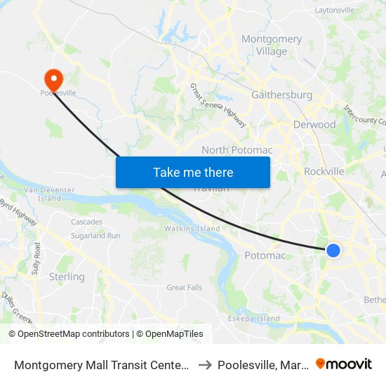 Montgomery Mall Transit Center & Bay B to Poolesville, Maryland map