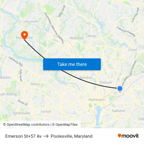 Emerson St+57 Av to Poolesville, Maryland map