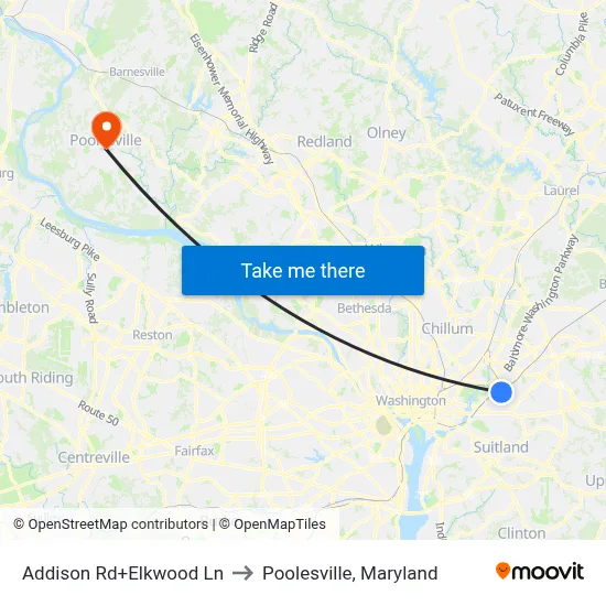 Addison Rd+Elkwood Ln to Poolesville, Maryland map