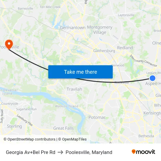 Georgia Av+Bel Pre Rd to Poolesville, Maryland map