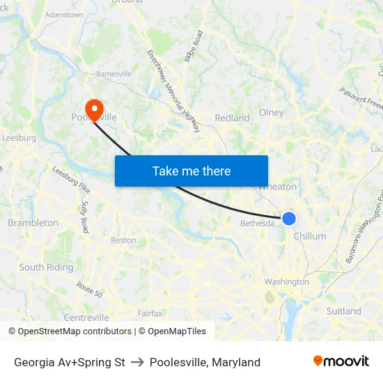Georgia Av+Spring St to Poolesville, Maryland map