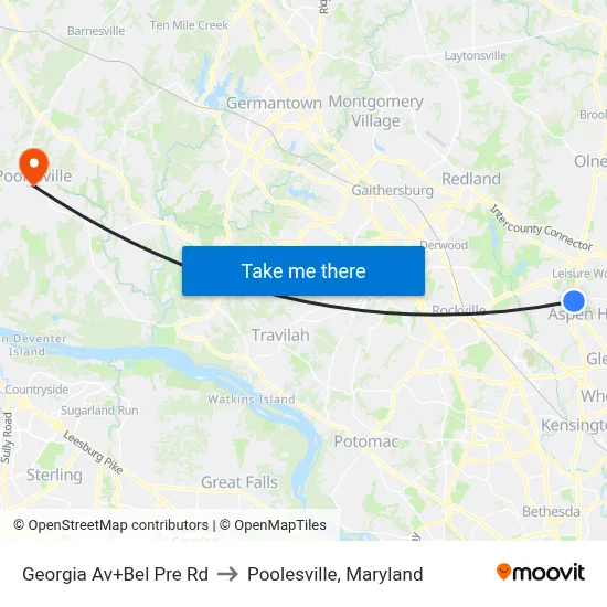 Georgia Av+Bel Pre Rd to Poolesville, Maryland map