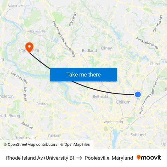 Rhode Island Av+University Bl to Poolesville, Maryland map