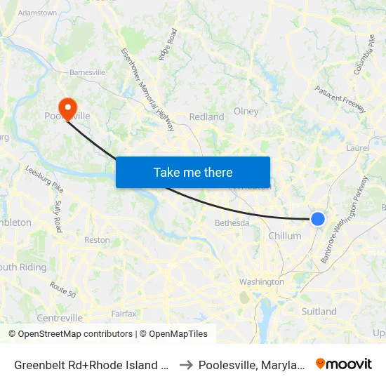 Greenbelt Rd+Rhode Island Av to Poolesville, Maryland map
