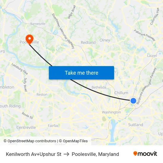 Kenilworth Av+Upshur St to Poolesville, Maryland map